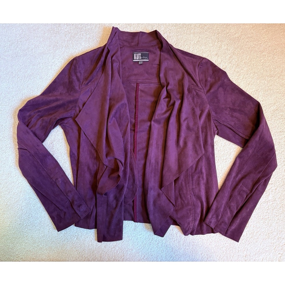 KUT From The Kloth Jacket Women L Faux Suede Waterfall Front Cardigan Burgundy